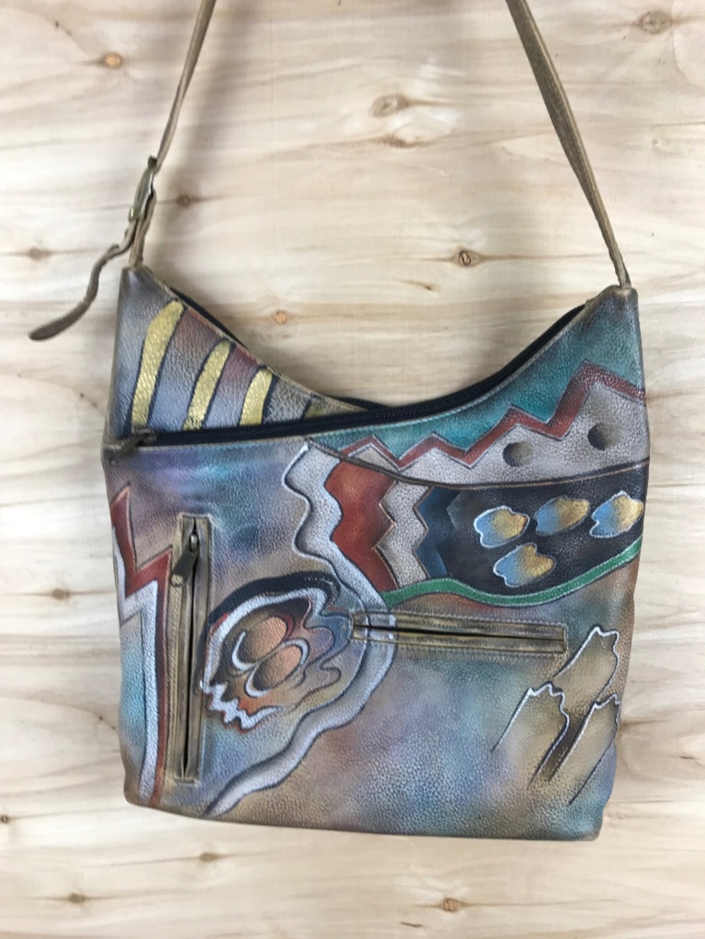 ANUSCHKA Hand Painted Leather Shoulder Bag Purse Abstract Design Wearable Art